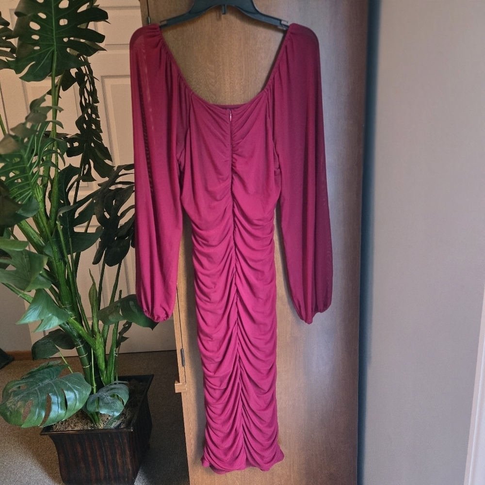 NWT Merokeety Bodycon Midi Dress With Mesh Puff Sleeve And Ruching In Wine - Picture 2 of 4